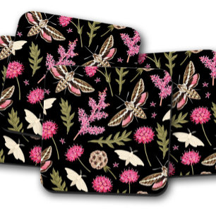 Enchanted Pink Moth & Floral Moth Cork Coasters