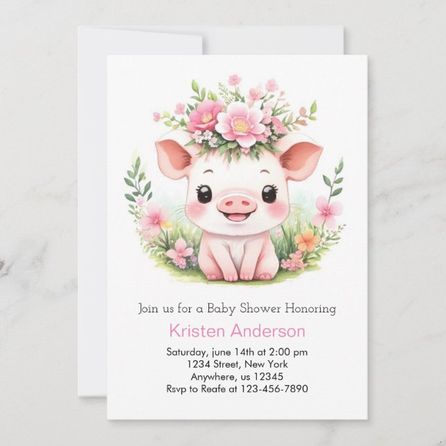 Enchanted Pink Piglet Wildflowers Girl Baby Shower Invitation (Front)
