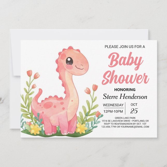 Enchanted Pink Printable Dinosaur Girl Baby Shower Invitation (Front)