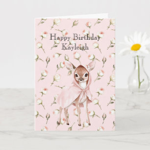 Enchanted Pink Rose Floral Sweet Deer Birthday Card