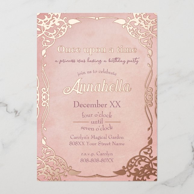 Enchanted Pink Rose Gold Fairy Tale Theme Foil Holiday Card (Front)