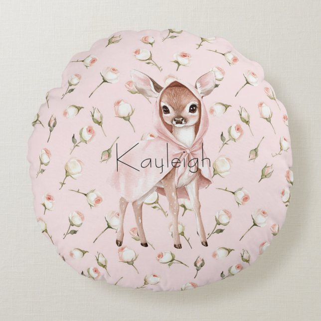  Enchanted Pink Roses Floral Deer   Round Cushion (Front)