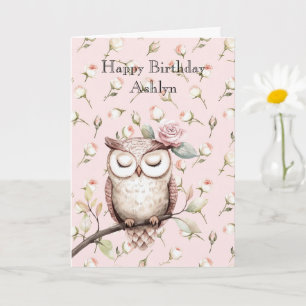 Enchanted Pink Roses Floral Owl Birthday Card