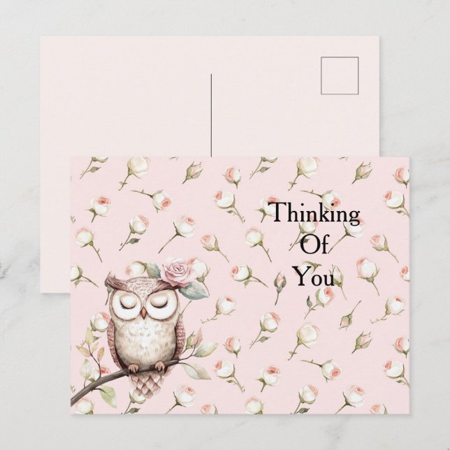  Enchanted Pink Roses Floral Owl Thinking of you Postcard (Front/Back)
