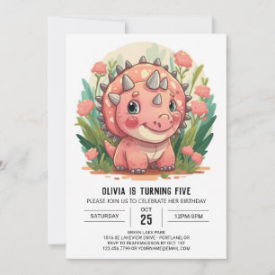 Enchanted Pink Triceratops Dinosaur Girl Birthday  Invitation