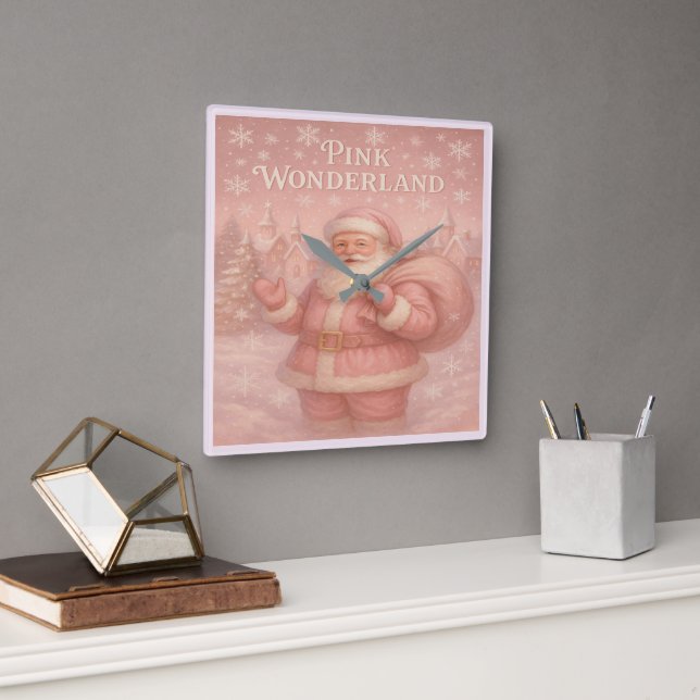 Enchanted Pink Wonderland Santa  Square Wall Clock (Office)