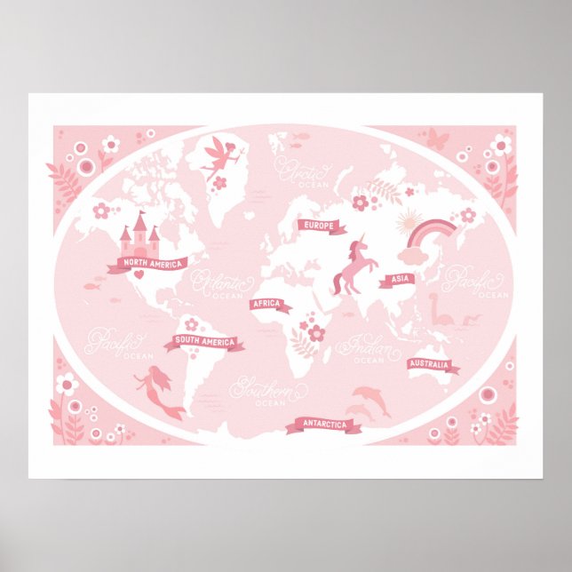 Enchanted Pink World Map - Children's Art Poster (Front)