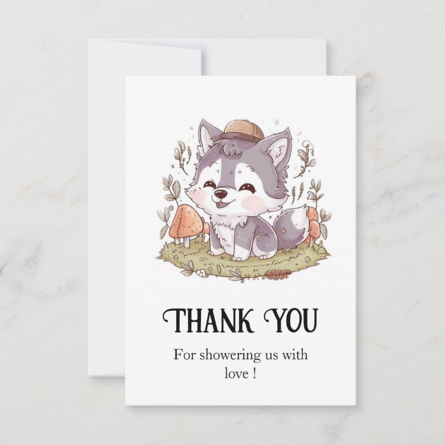 Enchanted Playful Wolf Baby Shower Thank You Card (Front)