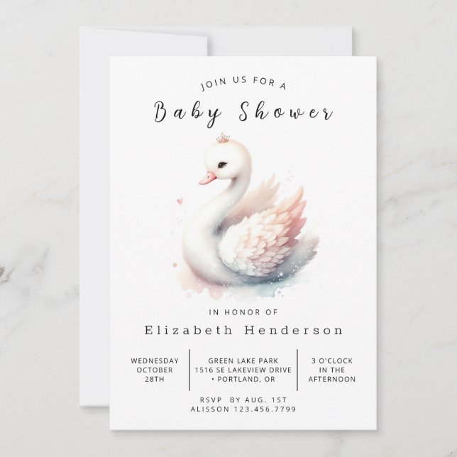 Enchanted Printable Swan Baby Shower Invitation (Front)