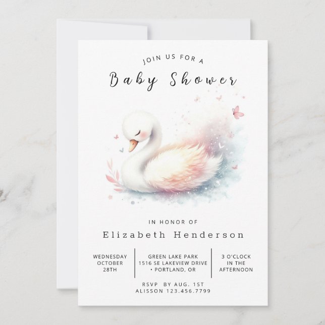 Enchanted Printable Swan Baby Shower Invitation (Front)