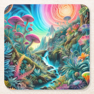Enchanted Psychedelic Dreamscape Square Paper Coaster