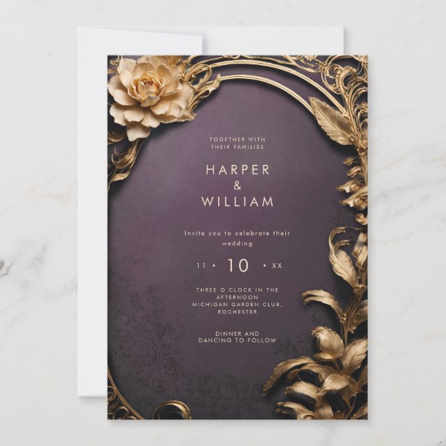 Enchanted purple and gold Wedding Invitation (Front)