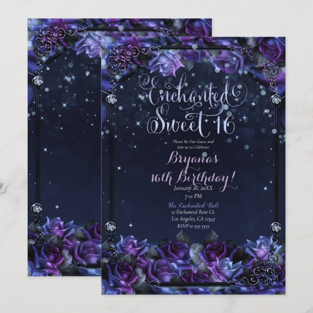 Enchanted Purple Fantasy Roses 16th Sweet 16 Party Invitation (Front/Back)