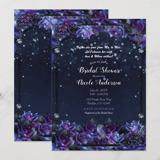 Enchanted Purple Fantasy Roses Bridal Shower Invitation (Front/Back)