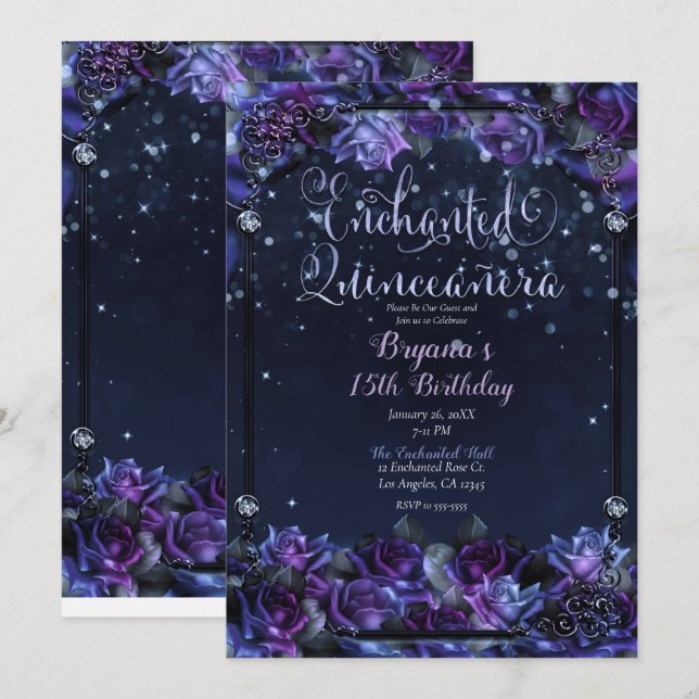 Enchanted Purple Fantasy Roses Garden Quinceañera Invitation (Front/Back)