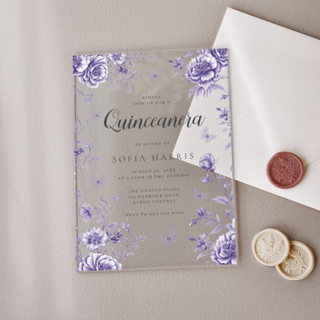 Enchanted  Purple Floral Quinceanera 15th Birthday Acrylic Invitations (Creator Uploaded)