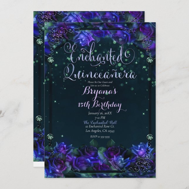 Enchanted Purple Green Garden Glow 15 Quinceañera  Invitation (Front/Back)