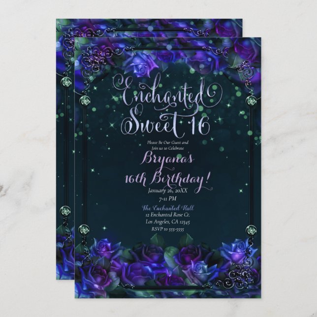 Enchanted Purple Green Garden Glow Sweet 16  Invitation (Front/Back)