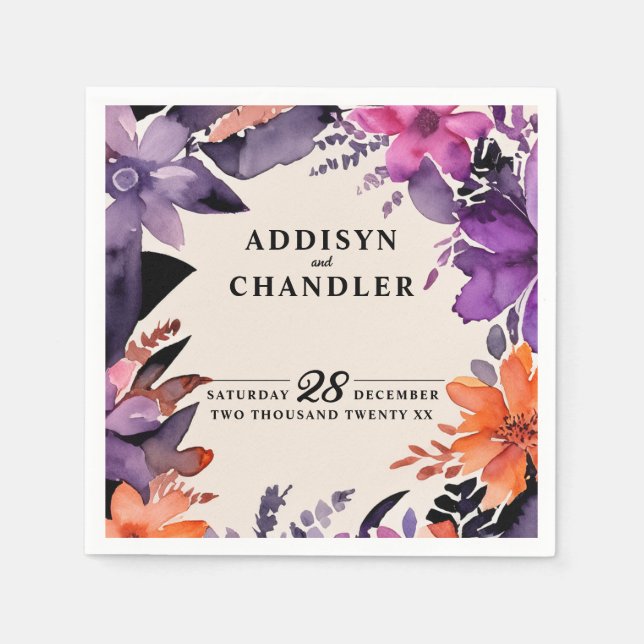 Enchanted Purple + Orange Floral Halloween Wedding Napkin (Front)