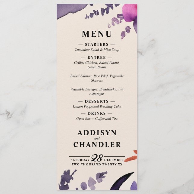 Enchanted Purple + Orange Floral Halloween Wedding Programme (Front)