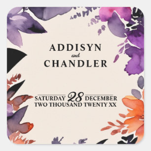Enchanted Purple + Orange Floral Halloween Wedding Square Sticker