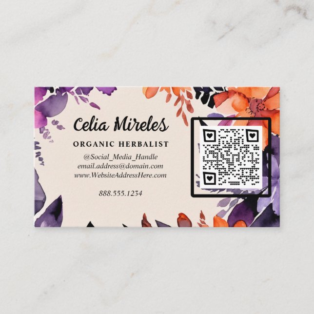 Enchanted Purple Orange Floral Logo QR code Enclosure Card (Front)