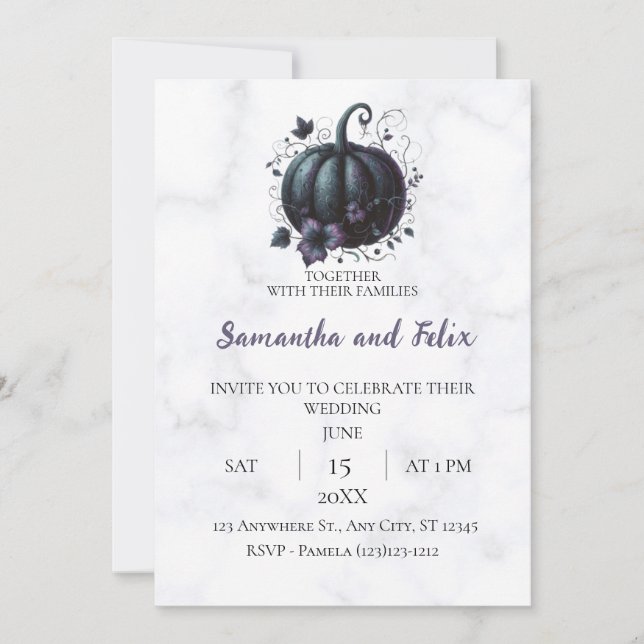 Enchanted Purple Pumpkin Marble Wedding Invitation (Front)