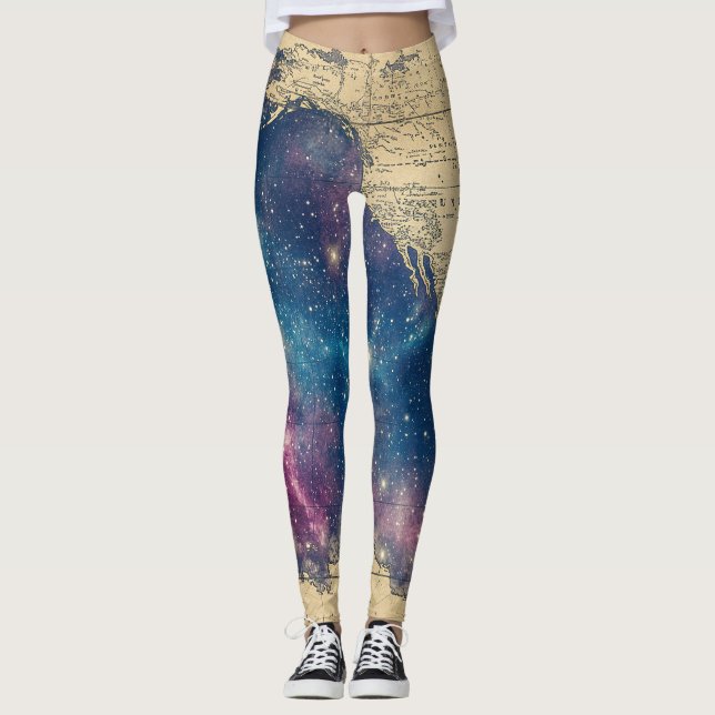 Enchanted Purple Vintage Star Chart Map Leggings (Front)