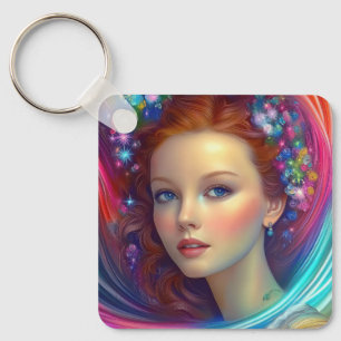 Enchanted Rainbow Hair Portrait Key Ring