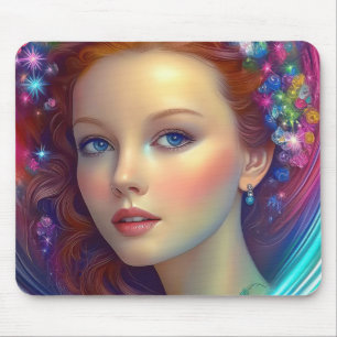 Enchanted Rainbow Hair Portrait Mouse Mat