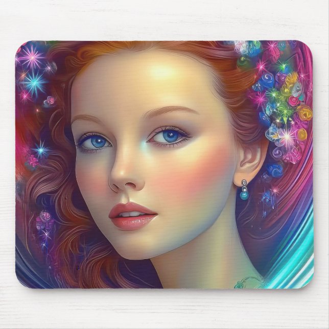 Enchanted Rainbow Hair Portrait Mouse Mat (Front)