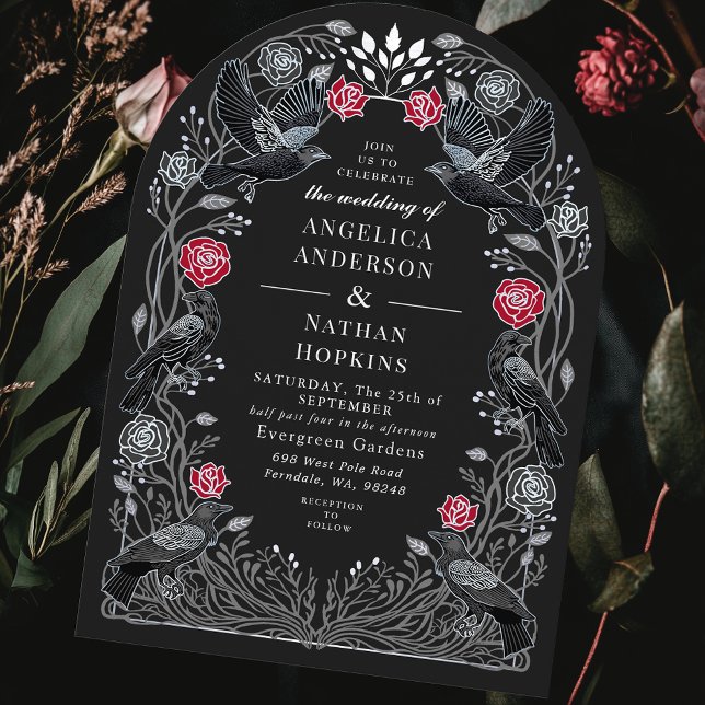 Enchanted Raven Red Black Roses Gothic Wedding Ach Invitation (Creator Uploaded)