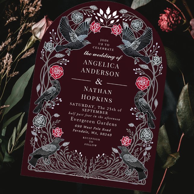 Enchanted Raven Red Black Roses Gothic Wedding Ach Invitation (Creator Uploaded)