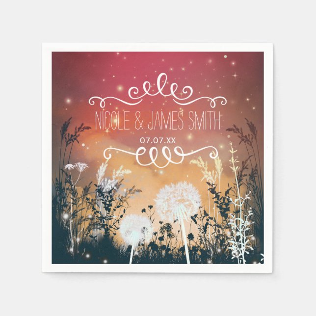 Enchanted Red Evening Sky Stars & Foliage Wedding Napkin (Front)
