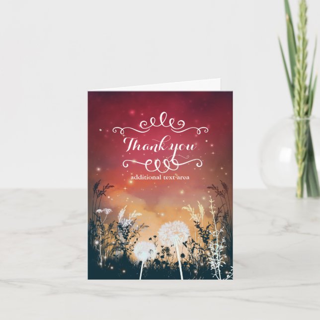 Enchanted Red Evening Sky Stars & Foliage Wedding Thank You Card (Front)
