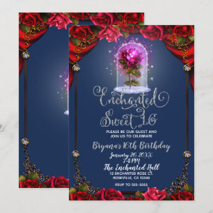Enchanted Red Rose Beauty Birthday Party Sweet 16 Invitation