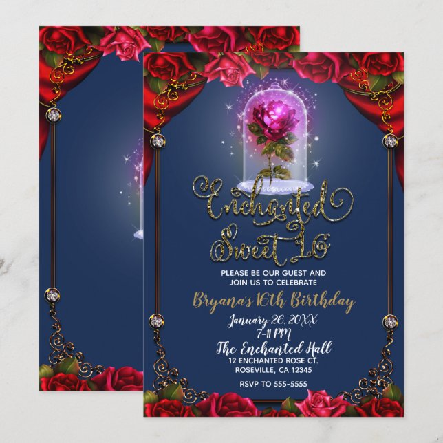 Enchanted Red Rose Beauty Birthday Party Sweet 16 Invitation (Front/Back)