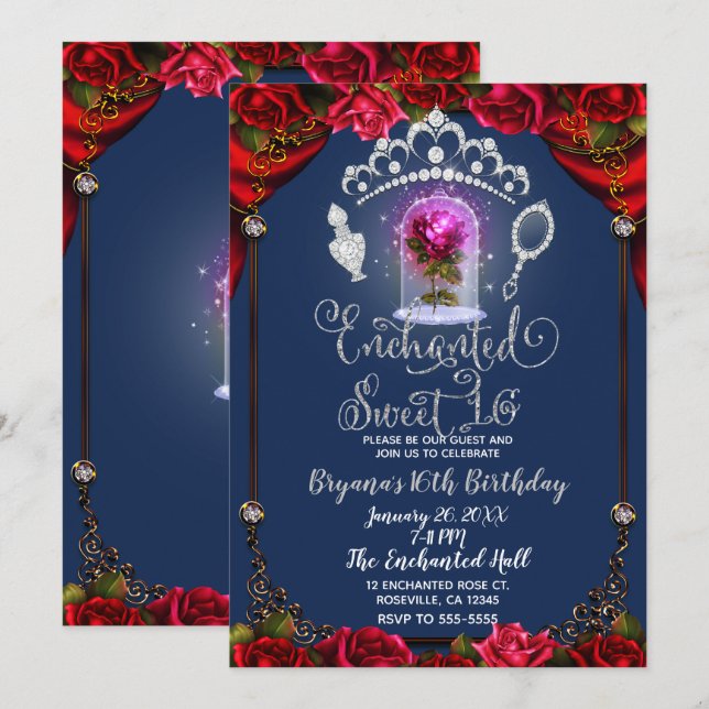 Enchanted Red Rose Beauty Sweet 16 Birthday Party Invitation (Front/Back)