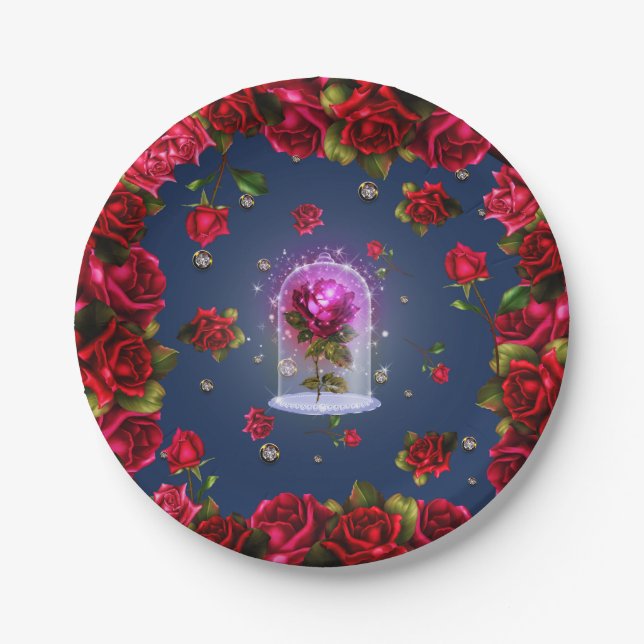 Enchanted Red Rose & Diamond Bling Elegant Party Paper Plate (Front)