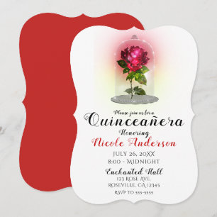 Enchanted Red Rose Sparkly Quinceañera Party Invitation