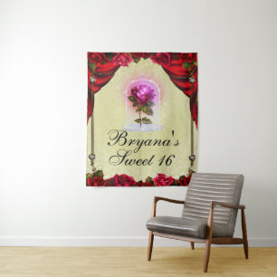 Enchanted Red Rose Sweet 16 Beauty Party Backdrop Tapestry