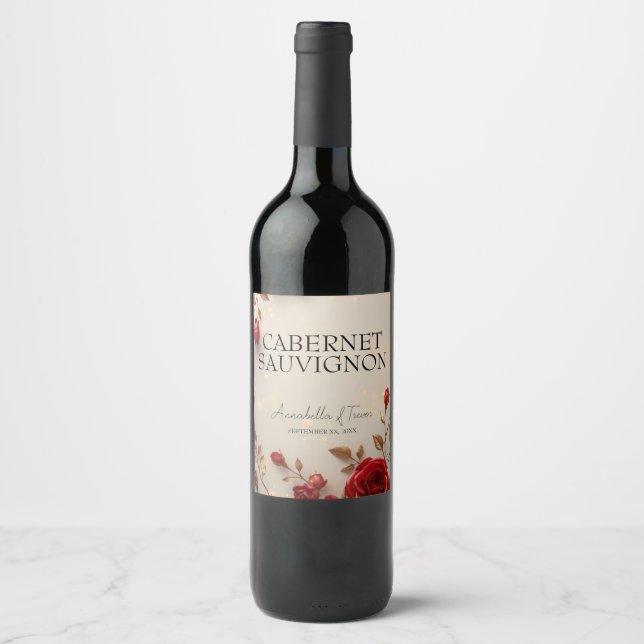 Enchanted Red Roses and Lights Romantic Wedding Wine Label (Front)