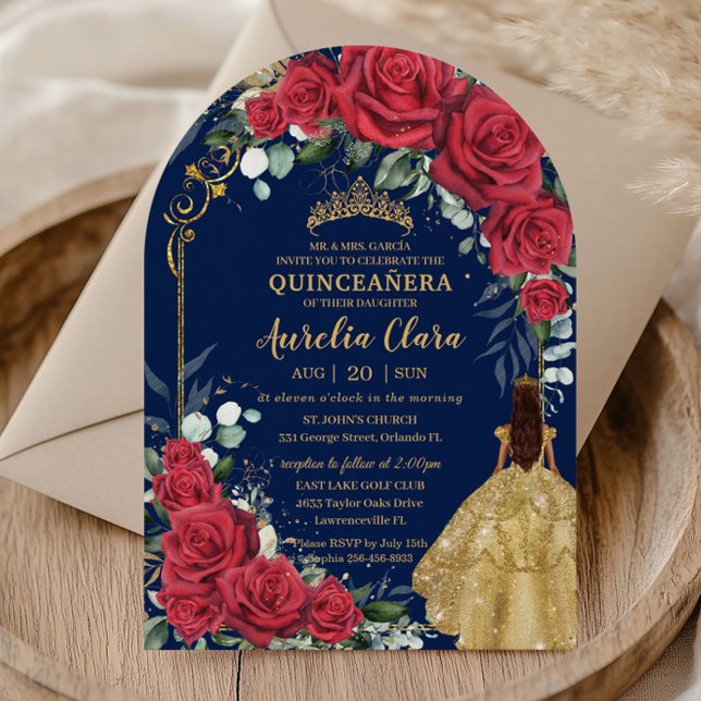 Enchanted Red Roses Floral Navy Quinceañera Arch Invitation (Creator Uploaded)