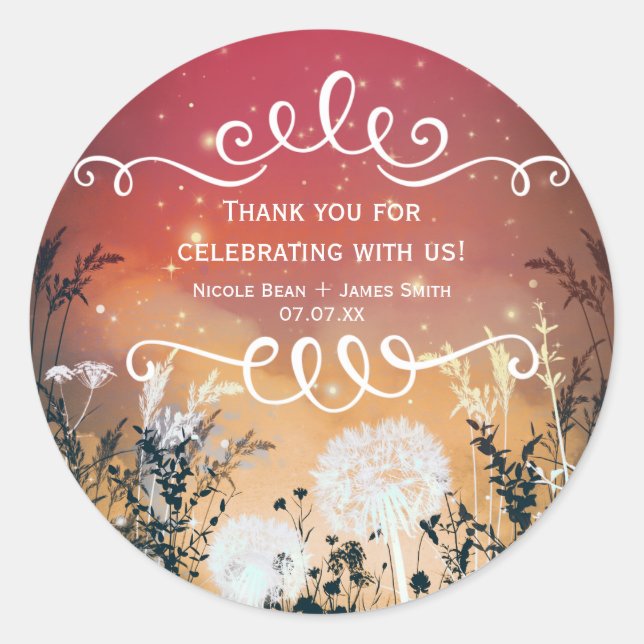 Enchanted Red Sky Stars & Foliage Wedding Favour Classic Round Sticker (Front)