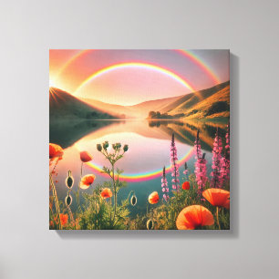 Enchanted Reflection: Double Rainbow Oasis Canvas Print