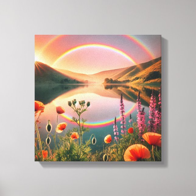 Enchanted Reflection: Double Rainbow Oasis Canvas Print (Front)
