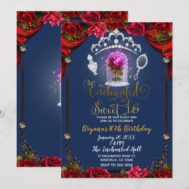 Enchanted Rose Beauty Sweet 16 Party Blue Gold Invitation (Front/Back)