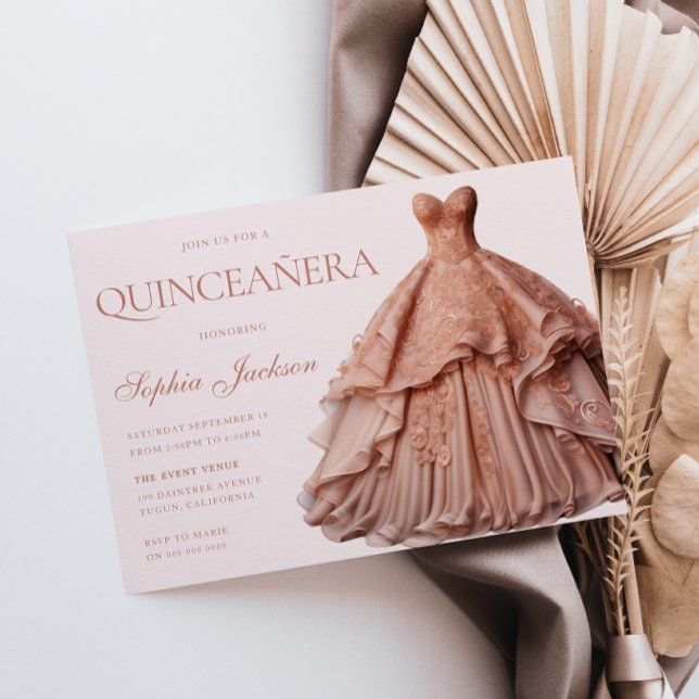 Enchanted Rose Gold Dress Gown Quinceanera  Invitation (Creator Uploaded)