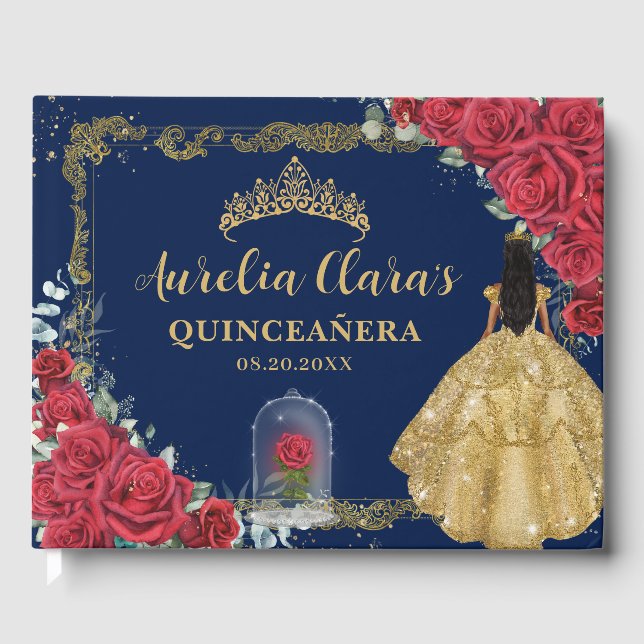 Enchanted Rose Red Floral Black Hair Quinceanera Guest Book (Front)