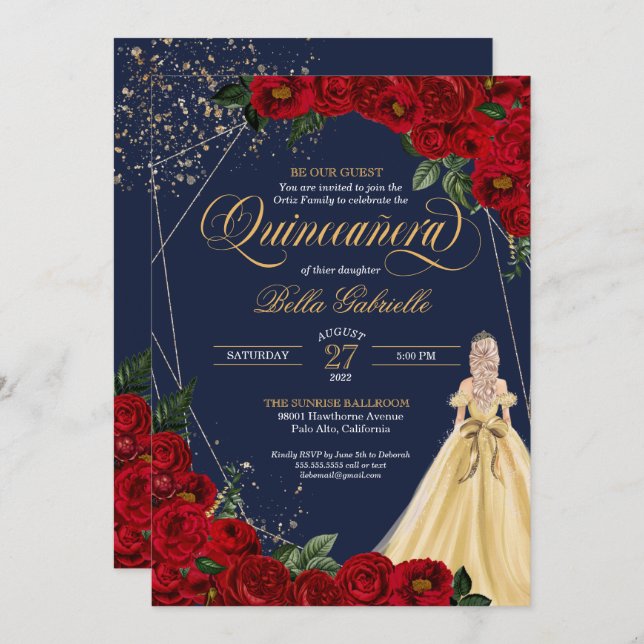 Enchanted Rose Red & Gold Fairytale Quinceañera Invitation (Front/Back)